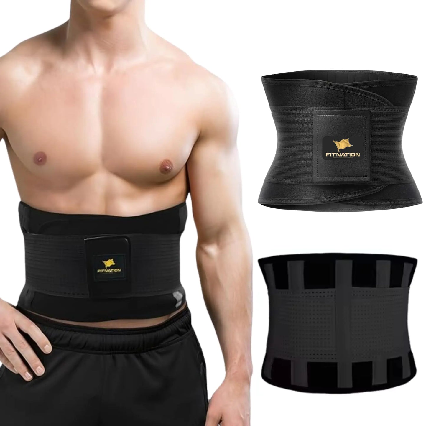 FITNATION Waist Trainer for Women and Men - Waist Trimmer Belt Sauna Tummy Toner Back and Lumbar Support Neoprene Body Shaper with Reinforced Stitching and bones for posture support Black