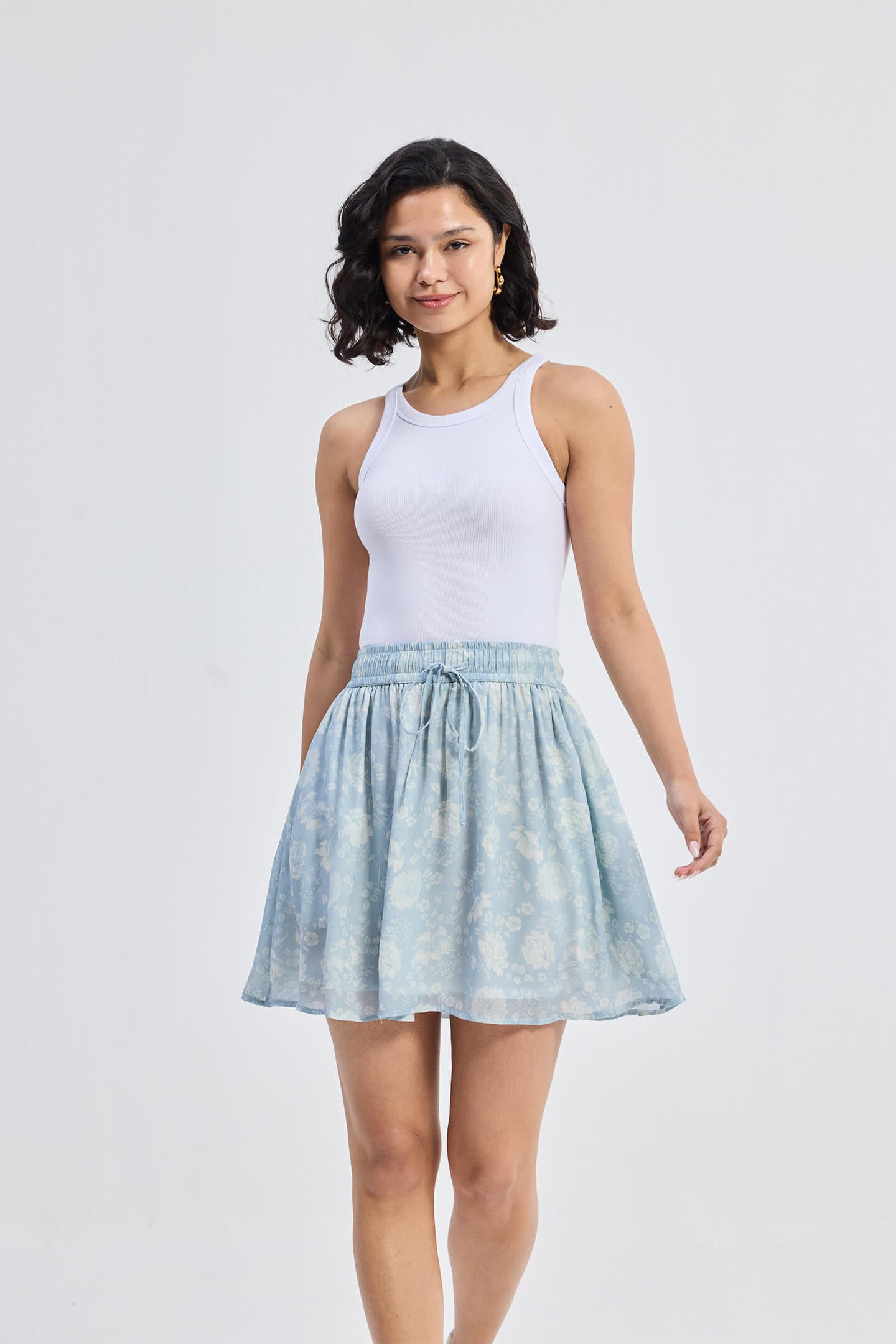 Drawstring Short Skirt in Blue Florals