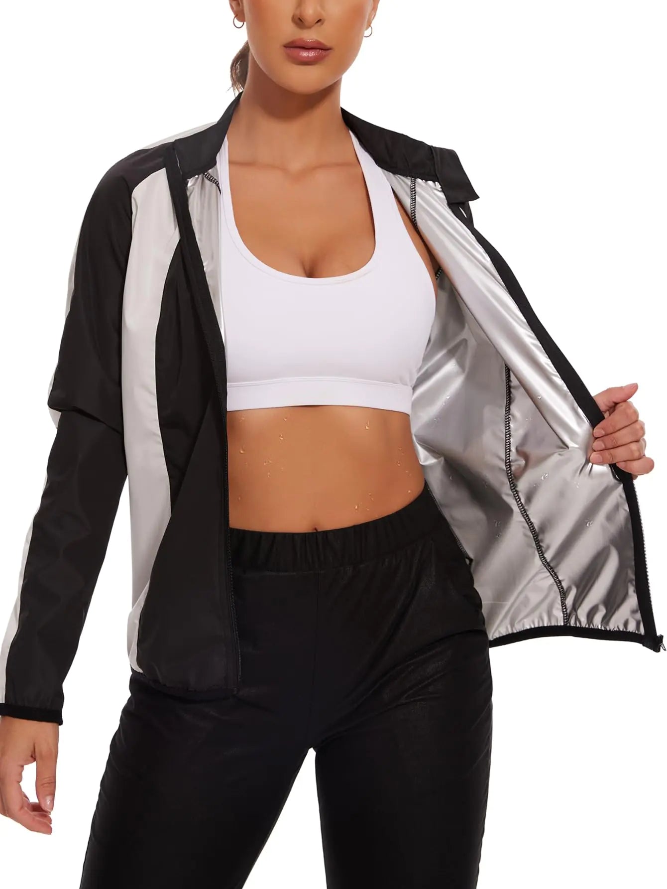 NINGMI Sauna Suit for Women Sweat Jackets Zipper Sauna Shirt Workout Long Sleeve Body Shaper Gym Exercise